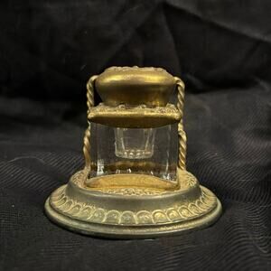 Antique Inkwell Ornate Glass & Brass Two Piece Victorian Desk Accessory